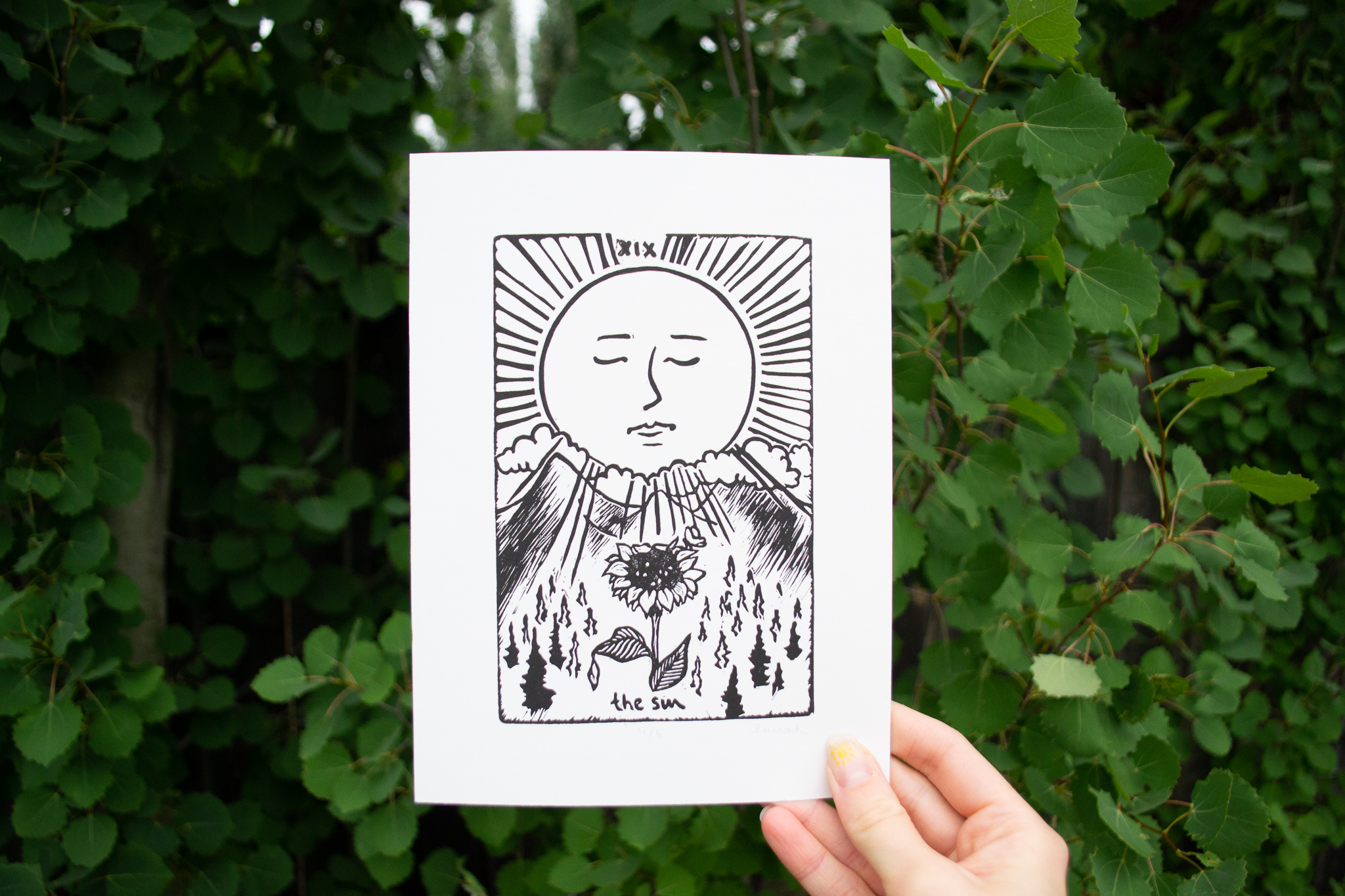 "Sun Tarot" lino cut print